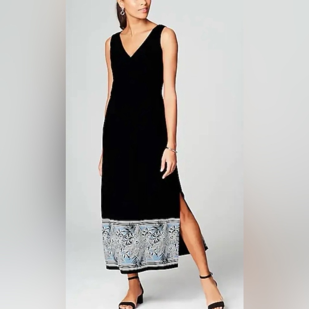 J. Jill Wearever Black Havana Floral-Border Maxi Dress, NWT, Sz. Med-Petite